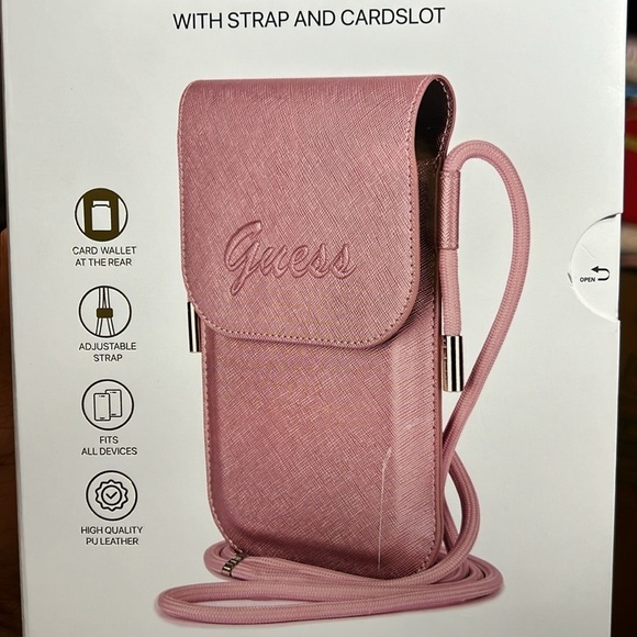 Guess universal phone pouch, pink leather design with strap and cardslot - Picture 1 of 6
